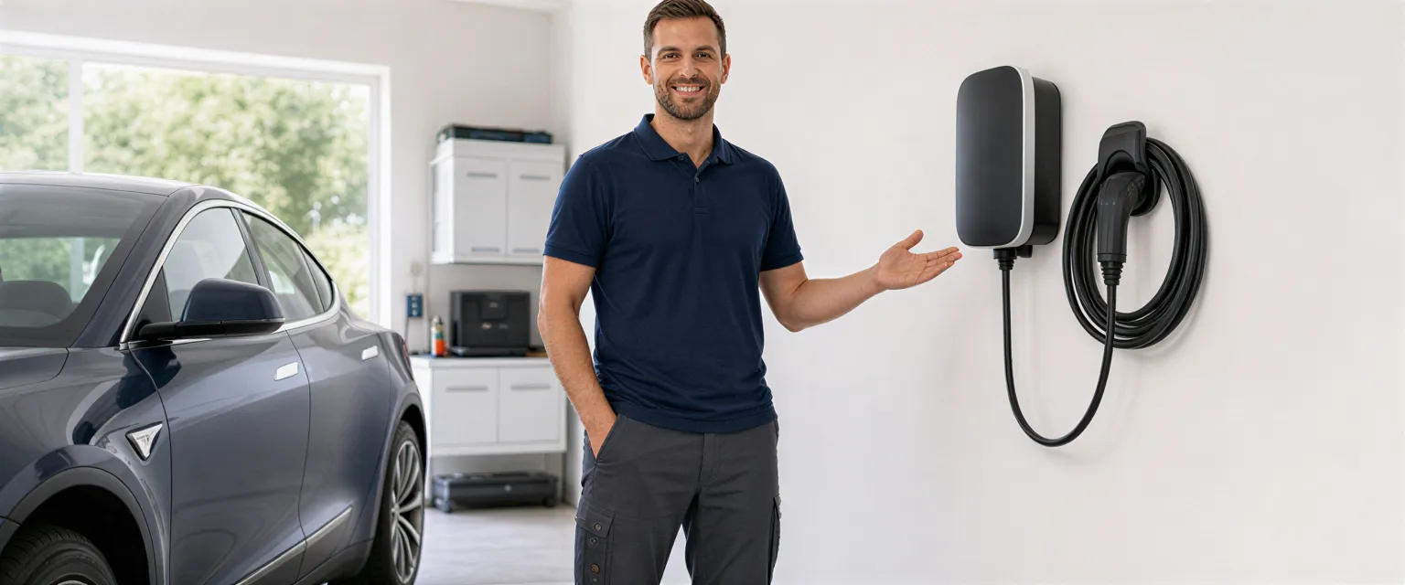 Ein Elektriker zeigt lächelnd auf eine neu installierte Wandladestation für Elektroautos in einer sauberen Garage.