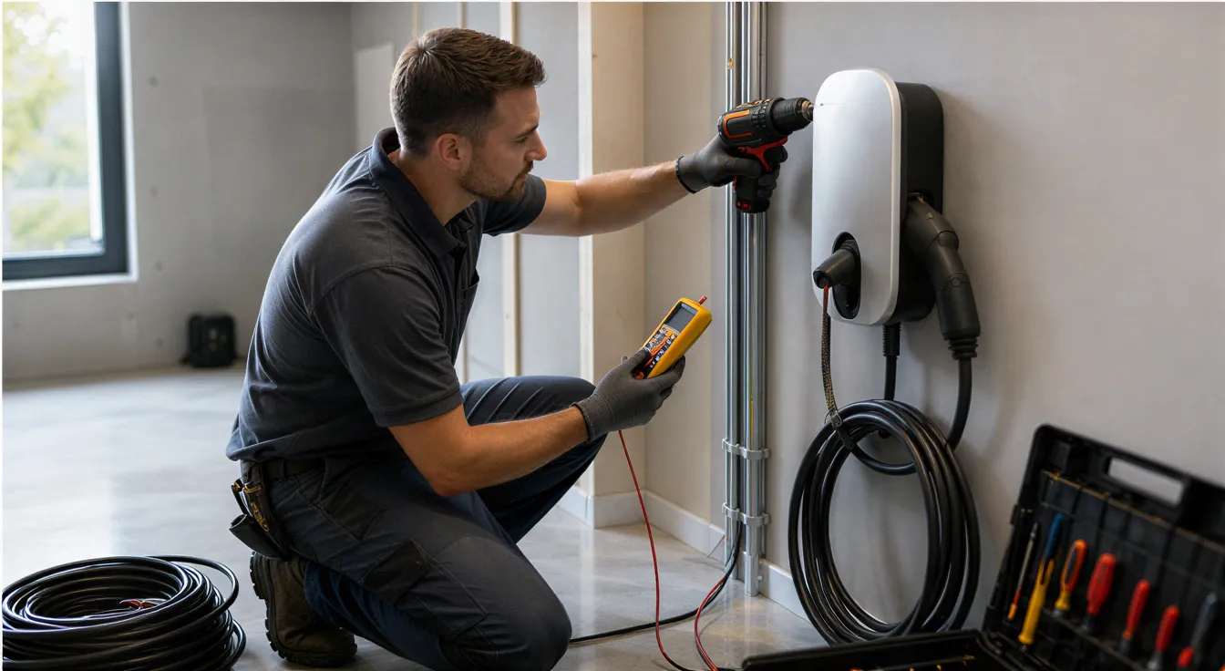 Ein Elektriker installiert eine moderne Wallbox für Elektroautos an der Garagewand.