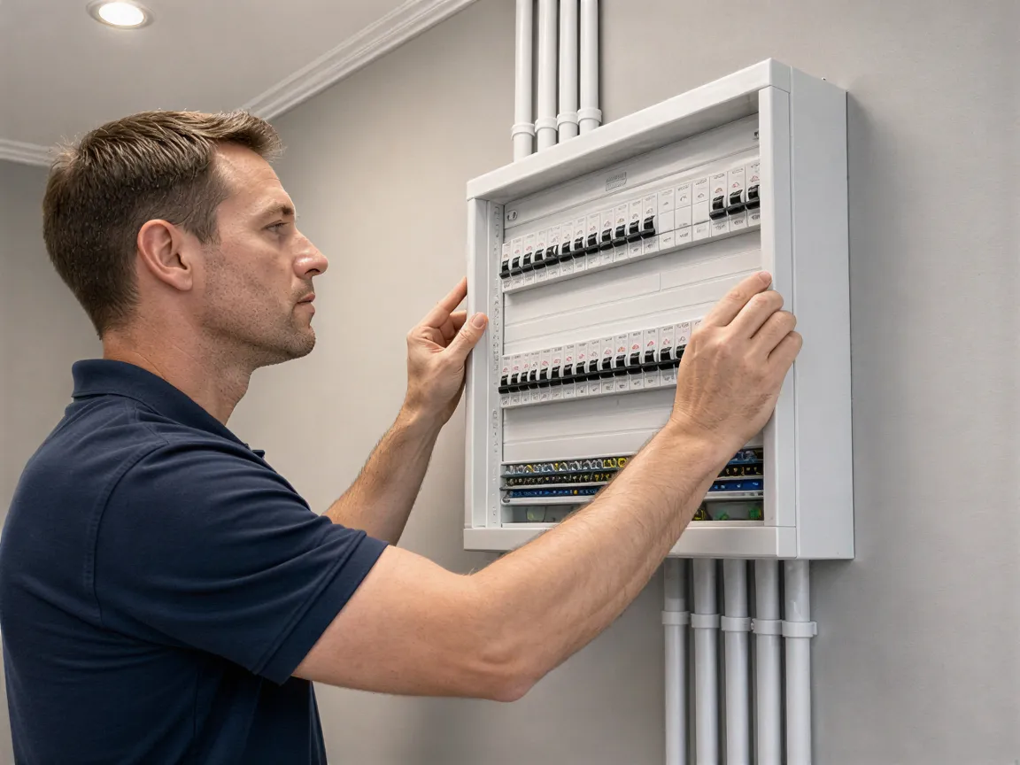 Ein Elektriker installiert ein modernes Stromverteilungspanel in einem sauberen Technikraum.
