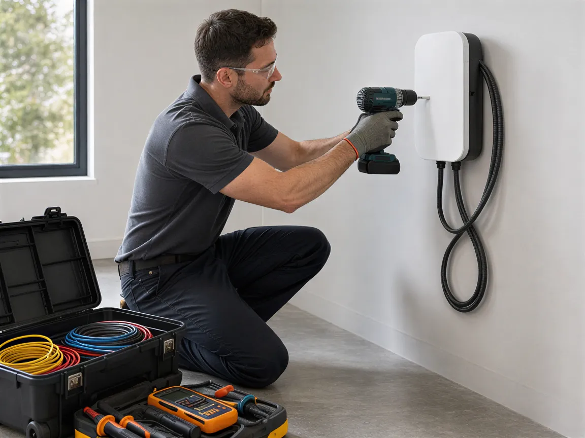 Ein Elektriker installiert eine weiße Wandladestation für Elektroautos in einer modernen Garage.