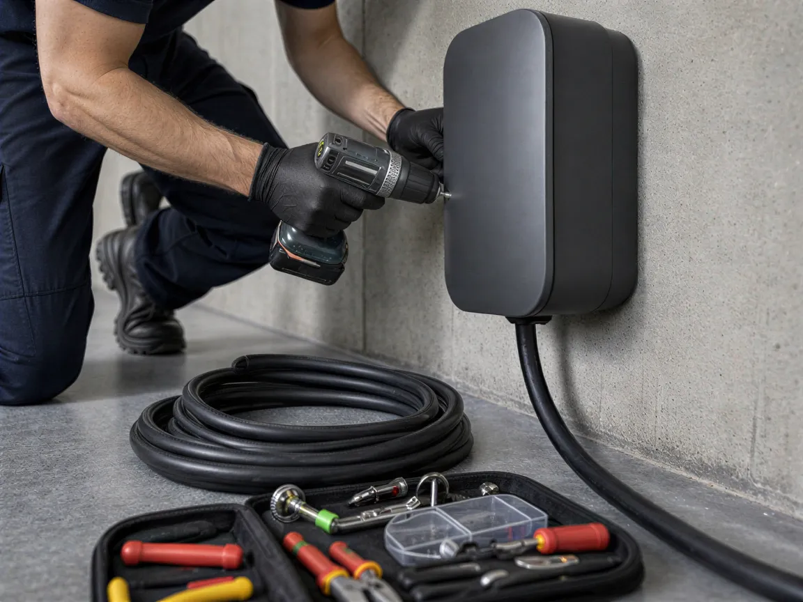 Ein Elektriker installiert eine moderne Wallbox für Elektroautos an einer Betonwand in einer Garage.