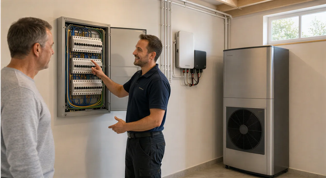Ein Elektriker erklärt einem Hausbesitzer die neue Wandverteilung mit farbigen Kabeln in einem modernen Technikraum.