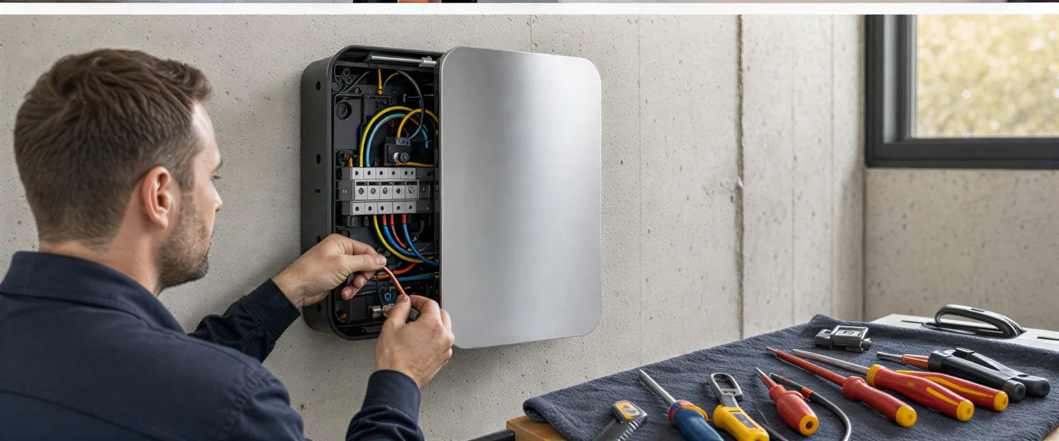 Ein Elektriker installiert eine moderne Wallbox an einer Betonwand in einer Garage.