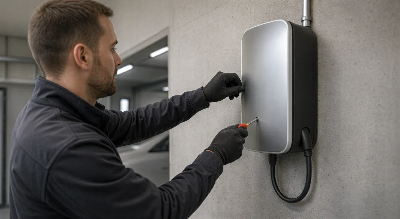 Ein Elektriker installiert eine Wandladestation für Elektroautos in einer modernen Garage.