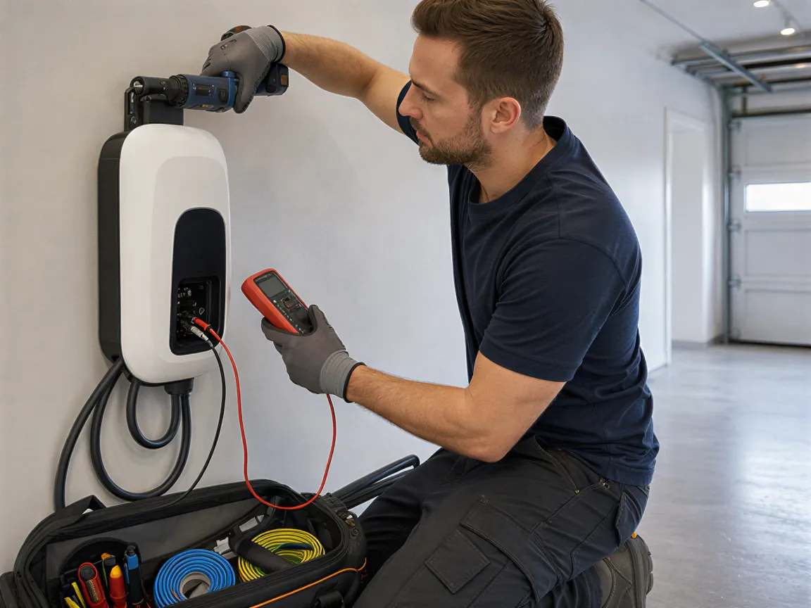 Ein Elektriker installiert eine weiße Ladestation an einer Wand in einer modernen Garage.