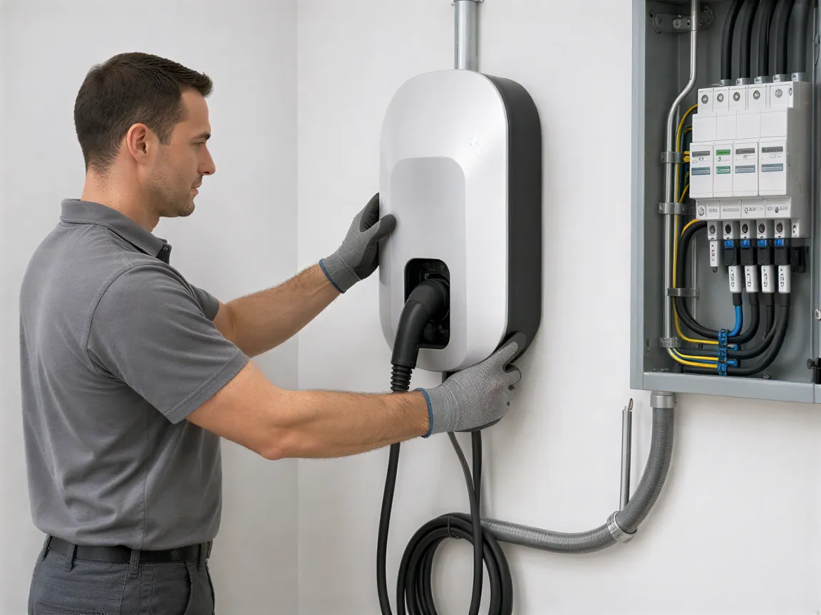 Ein Elektriker installiert eine weiße Wallbox für Elektroautos an einer sauberen Wand in einem modernen Technikraum.