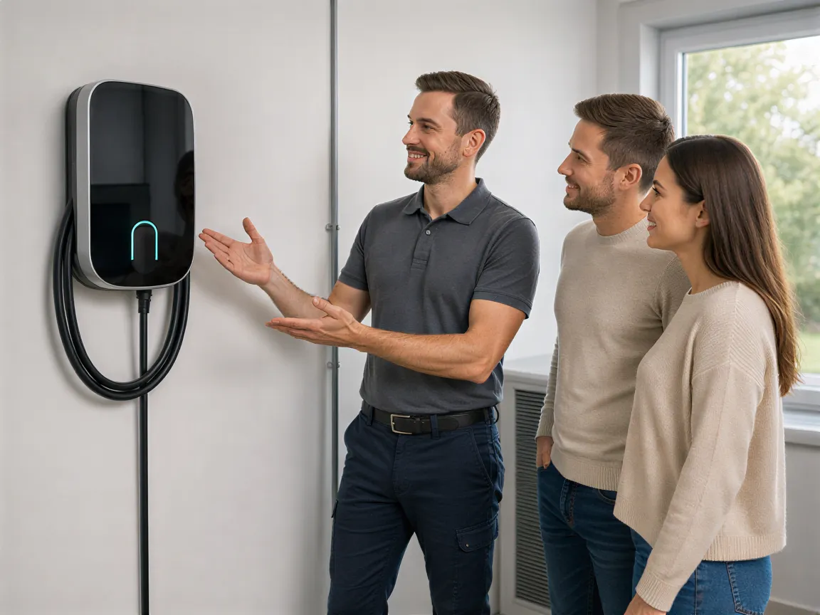 Ein Elektriker erklärt einem Paar die neue Wallbox in einem sauberen Technikraum.