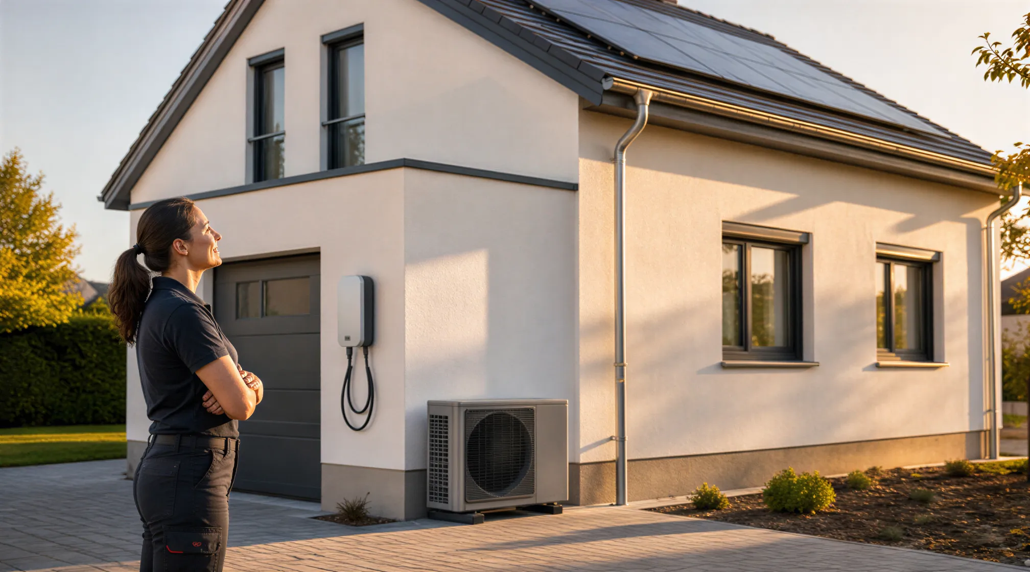 Eine Elektrikerin inspiziert ein modernes Haus mit Elektroauto-Ladestation, Wärmepumpe und Solaranlage.