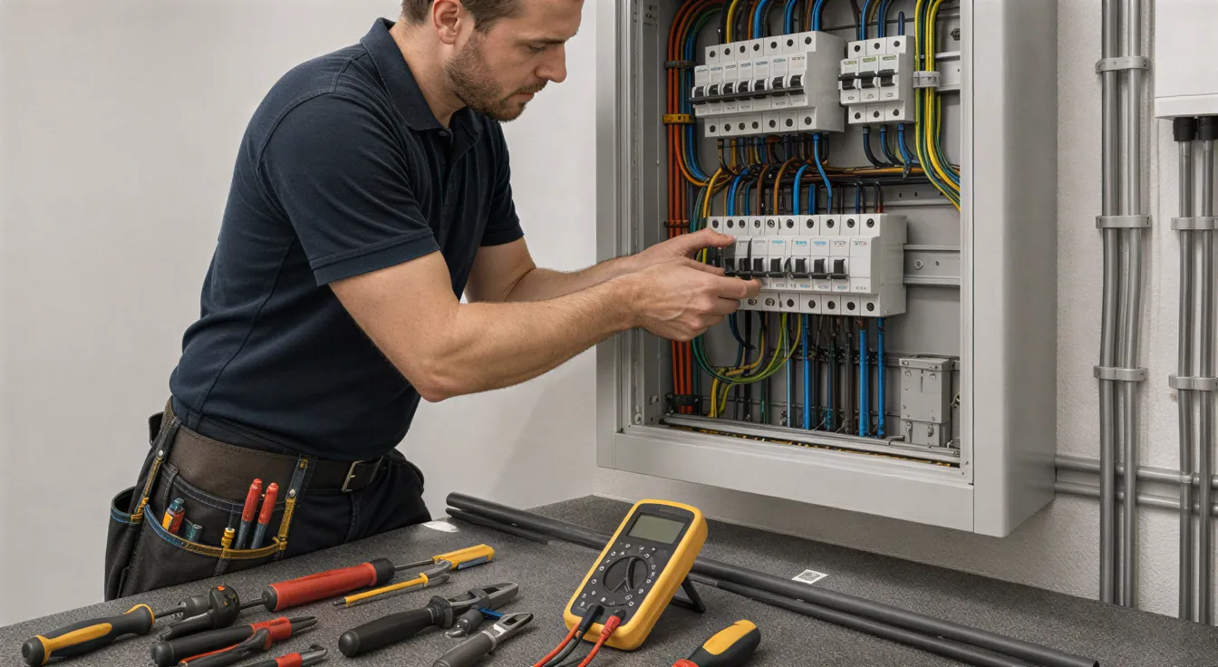 Ein Elektriker installiert konzentriert einen Leistungsschalter in einem sauberen, modernen Verteilerkasten.