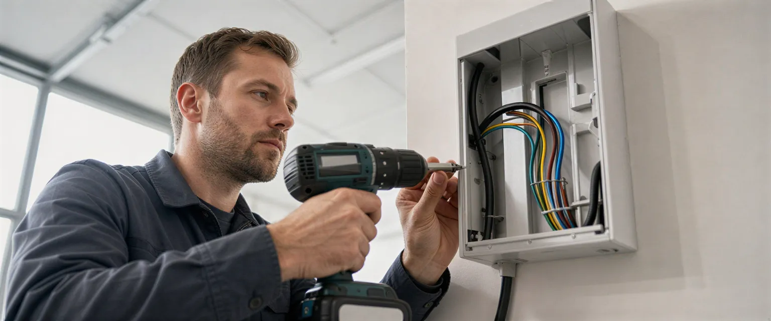 Ein Elektriker installiert eine moderne Wanddose in einer sauberen Garage mit präzisen Werkzeugen.