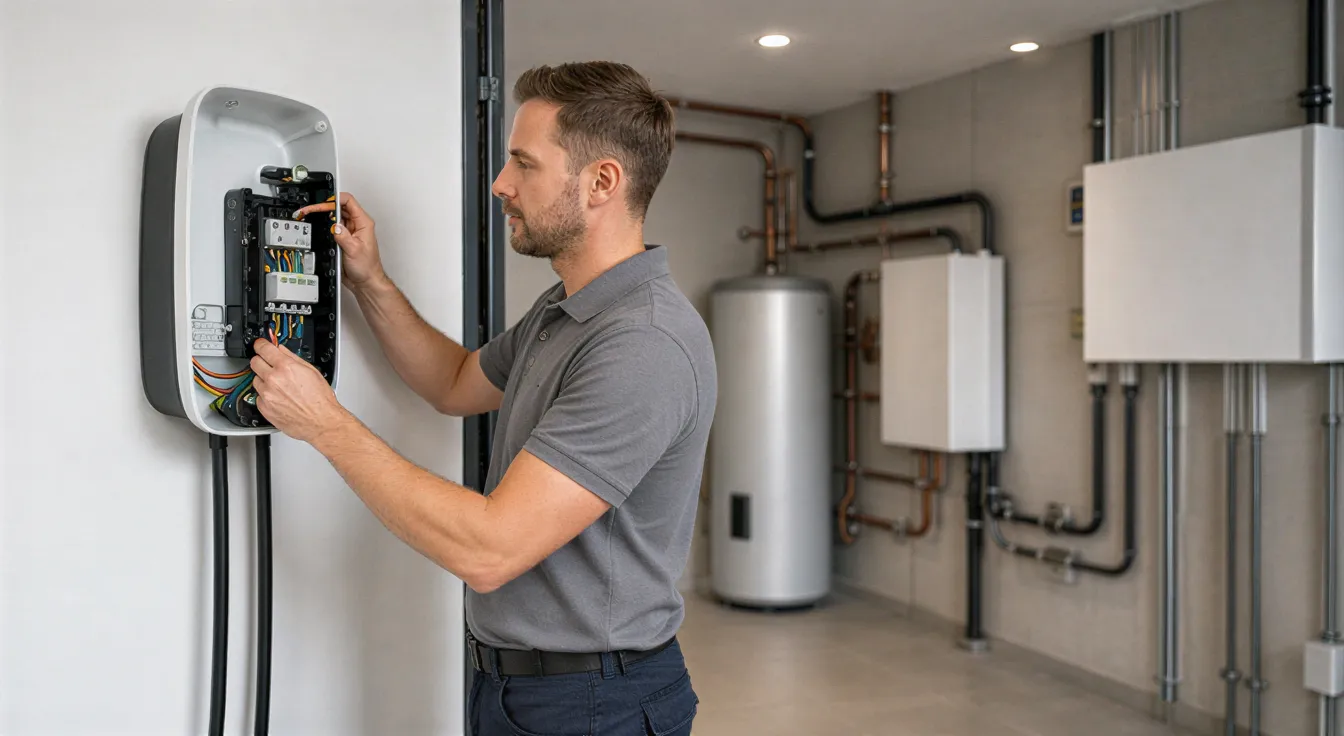 Ein Elektriker installiert eine weiße Wallbox für Elektroautos an einer hellgrauen Wand in einem modernen Technikraum.