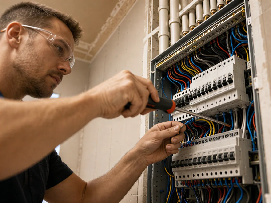 Ein Elektriker installiert ein modernes Verteilerpanel mit farbcodierten Kabeln in einem neuen Technikraum.