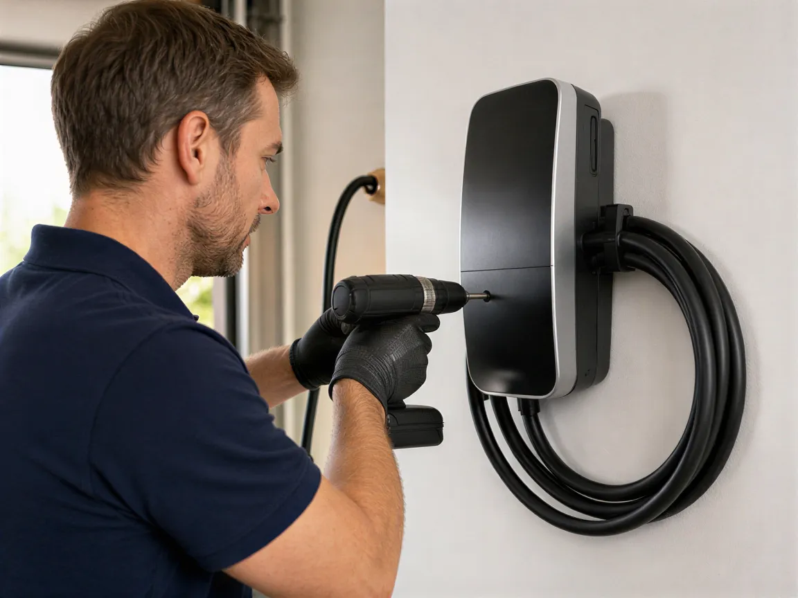 Ein Elektriker installiert eine moderne Wallbox-Ladestation an einer weißen Garagenwand.