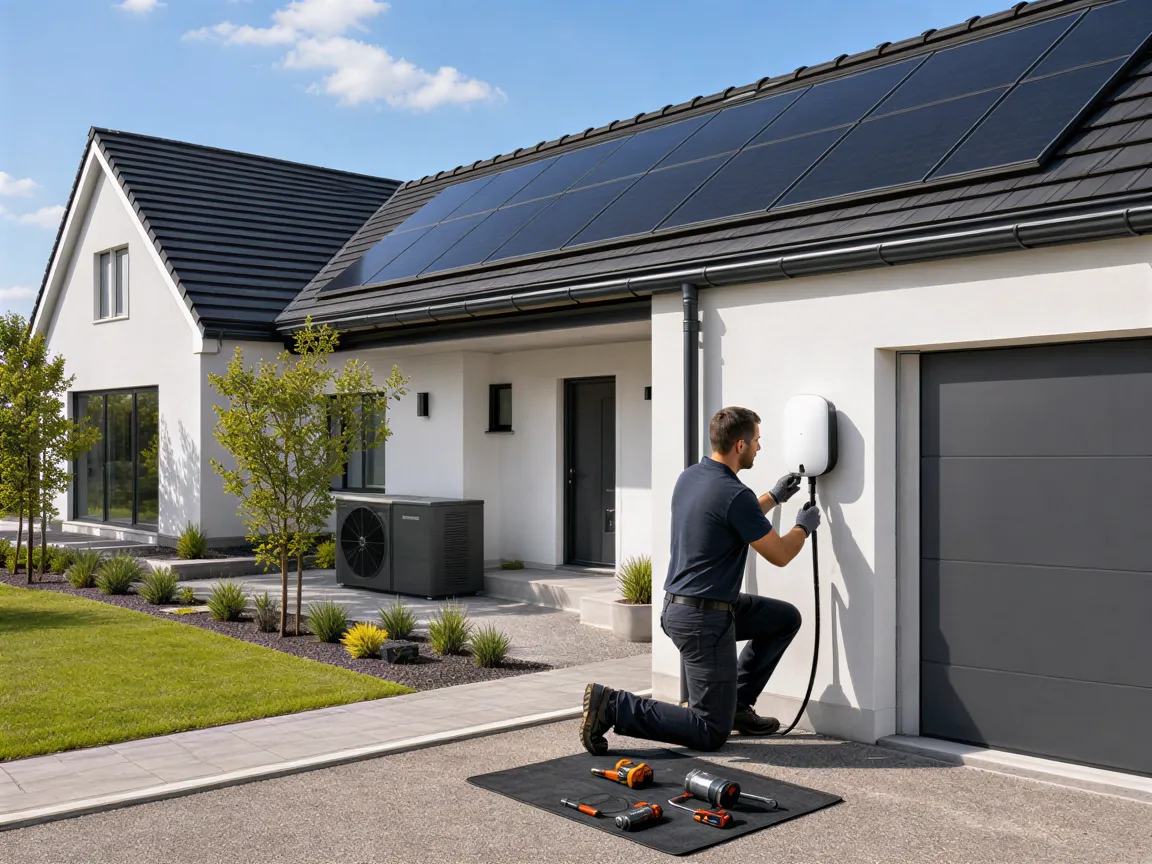 Ein Elektriker installiert eine weiße Wallbox an einer Garage, während Solarpaneele auf dem Dach sichtbar sind.