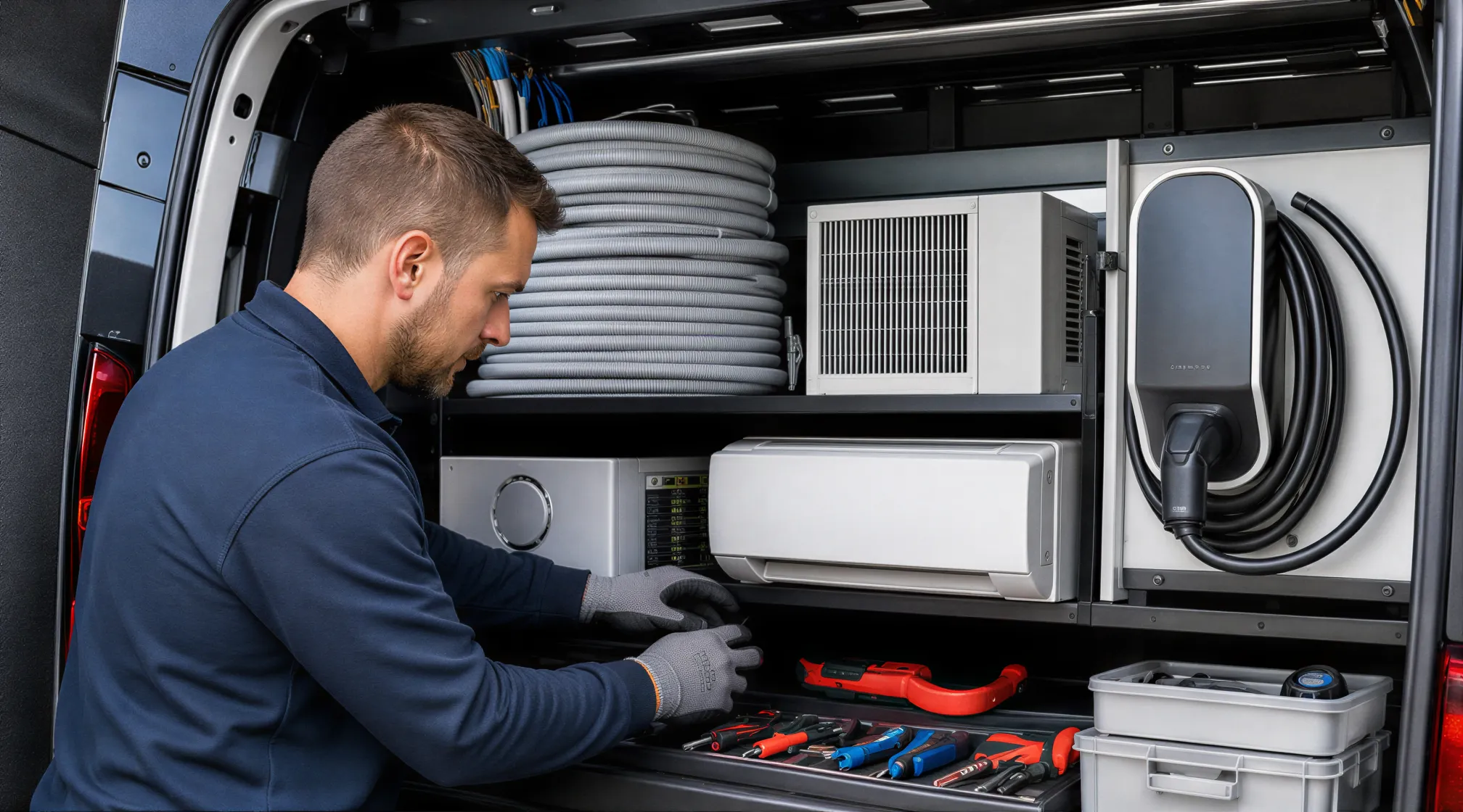 Ein Elektriker ordnet elektrische Komponenten und Werkzeuge in einem geöffneten Servicenfahrzeug.