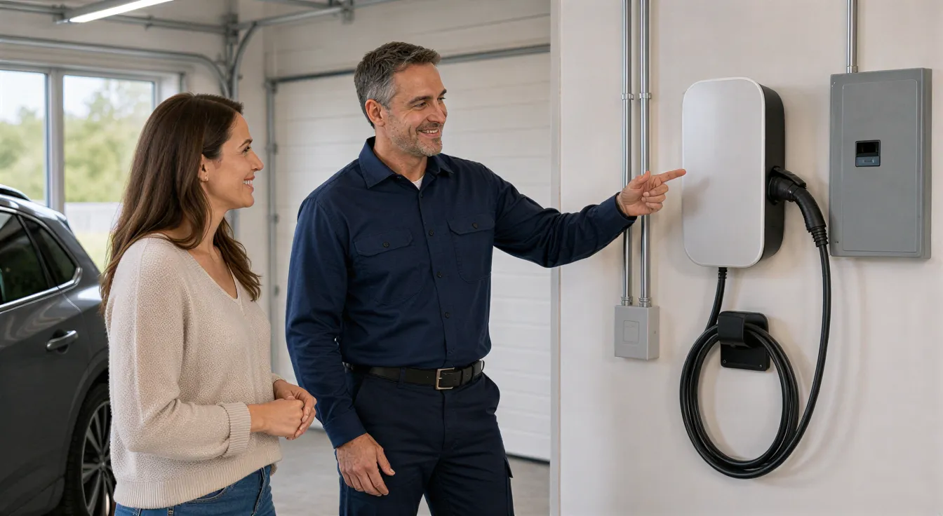 Ein Elektriker erklärt einer Hausbesitzerin eine neu installierte Ladestation für Elektrofahrzeuge in einer sauberen Garage.
