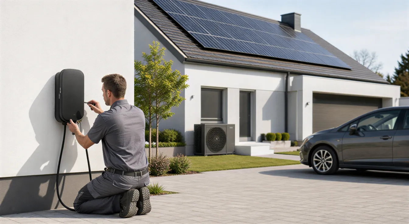 Ein Elektriker installiert eine Ladestation für Elektroautos an der weißen Hauswand eines modernen Einfamilienhauses.
