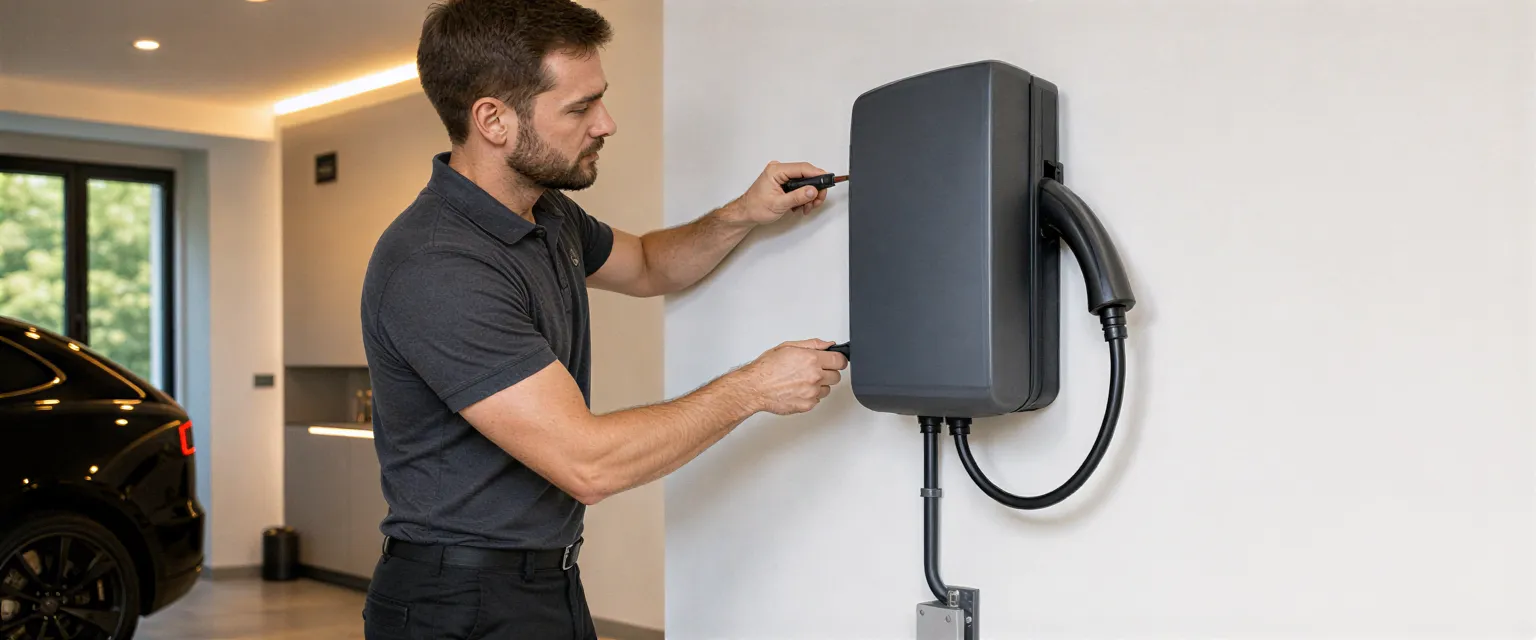 Ein Elektriker installiert eine moderne Wallbox für Elektroautos an einer weißen Wand in einer sauberen Garage.