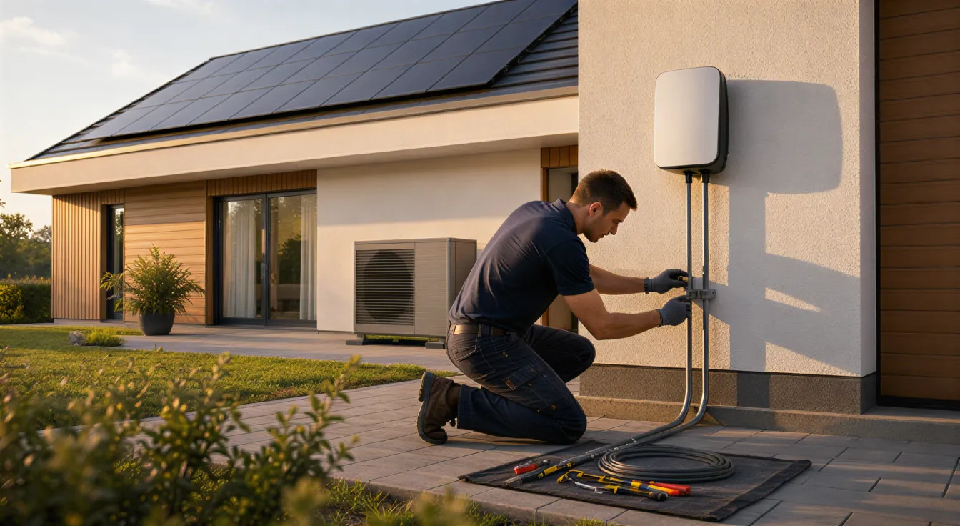Ein Elektriker installiert eine moderne Wallbox für Elektrofahrzeuge an der Außenwand eines modernen Einfamilienhauses.