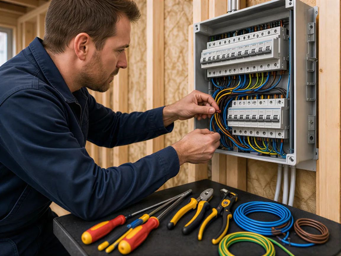 Ein Elektriker in dunkelblauer Arbeitskleidung installiert präzise Kabel in einem neuen Sicherungskasten.