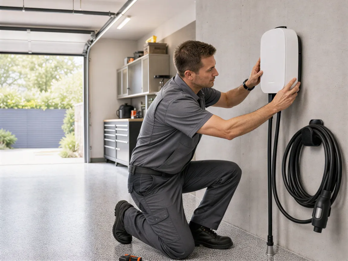Ein Elektriker installiert eine weiße Wallbox für Elektroautos in einer sauberen Garage.