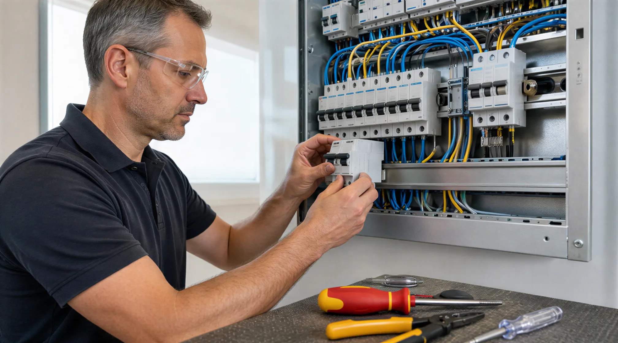 Ein Elektriker installiert konzentriert einen Sicherungsautomaten in einen modernen, sauberen Verteilerkasten.