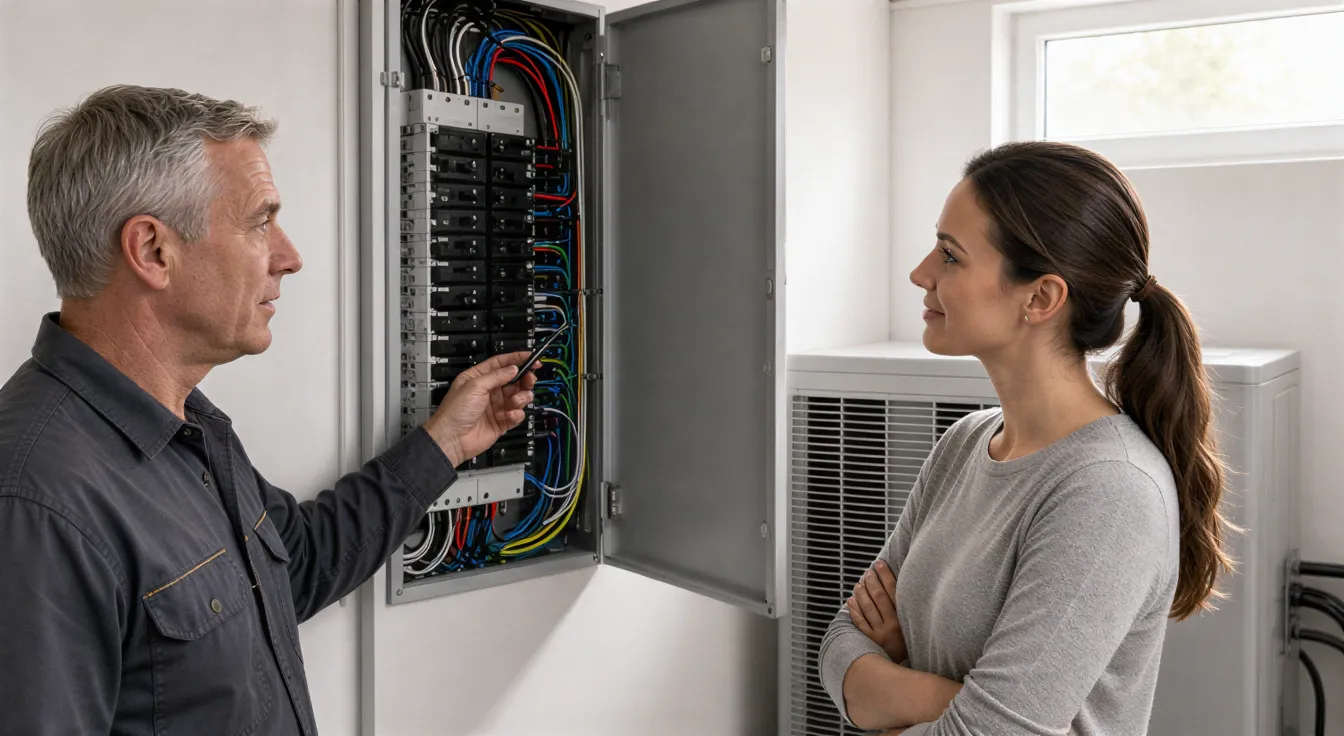 Ein älterer Elektriker erklärt einer Hausbesitzerin den neuen Sicherungskasten in einem hellen Technikraum.