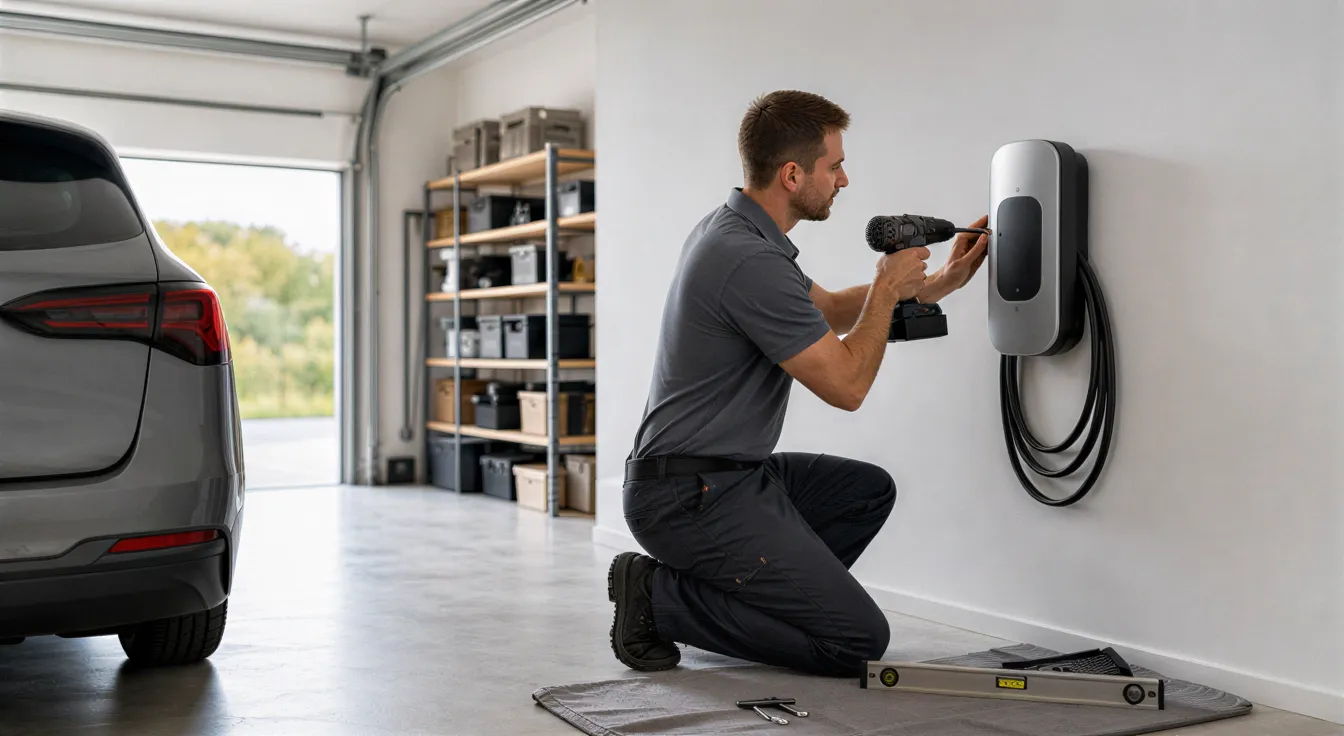Ein Elektriker installiert eine moderne Wallbox für Elektroautos an einer weißen Garagenwand.