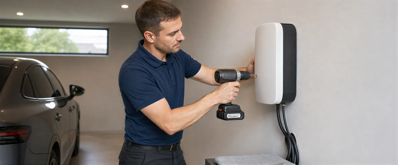 Ein Elektriker installiert eine weiße Wallbox für Elektroautos an einer hellgrauen Garagenwand.