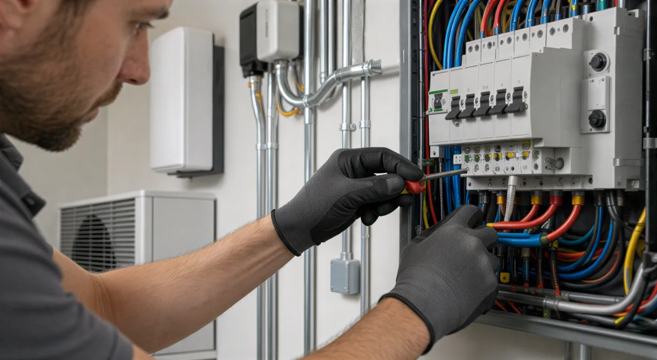 Ein Elektriker verbindet Drähte in einem modernen Wandverteiler in einem sauberen Technikraum.