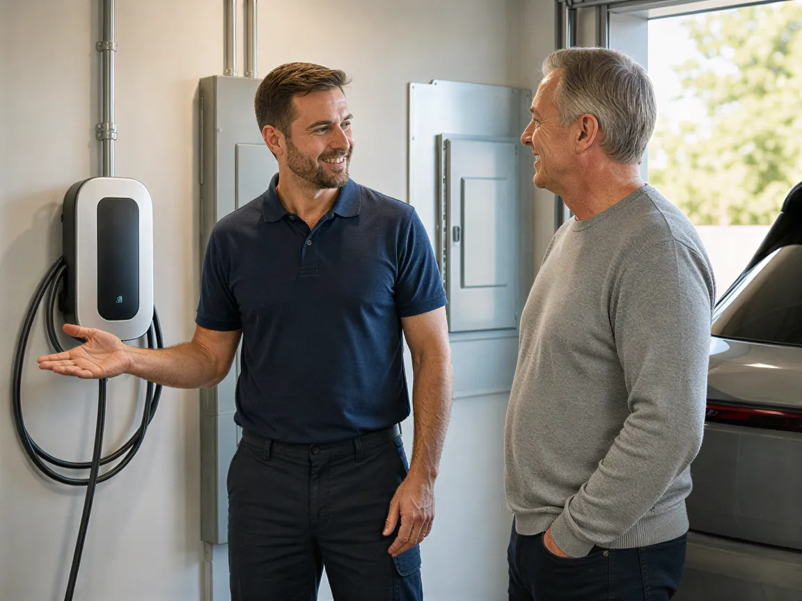 Ein Elektriker erklärt einem Hausbesitzer eine neu installierte Wallbox für ein Elektrofahrzeug in einer Garage.