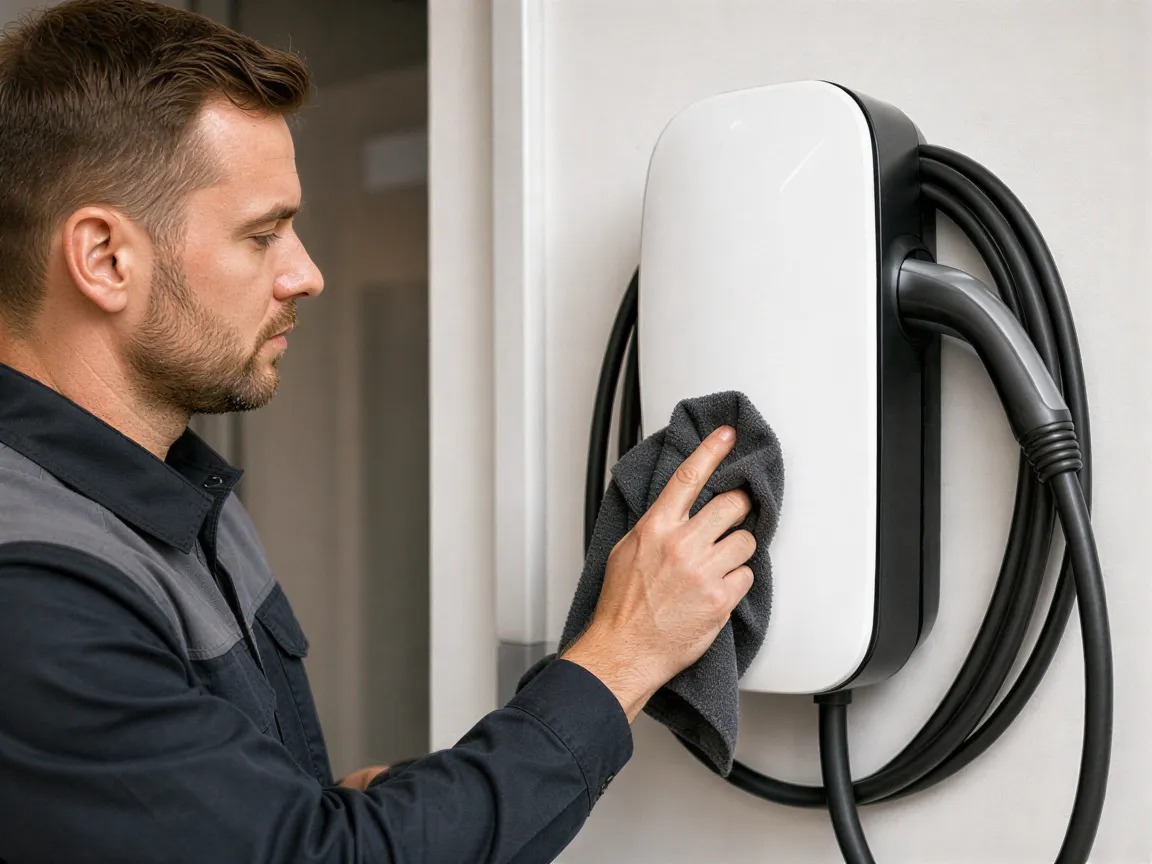 Ein Elektriker führt einen letzten Kontrollcheck an einer weißen Wallbox in einer sauberen Garage durch.