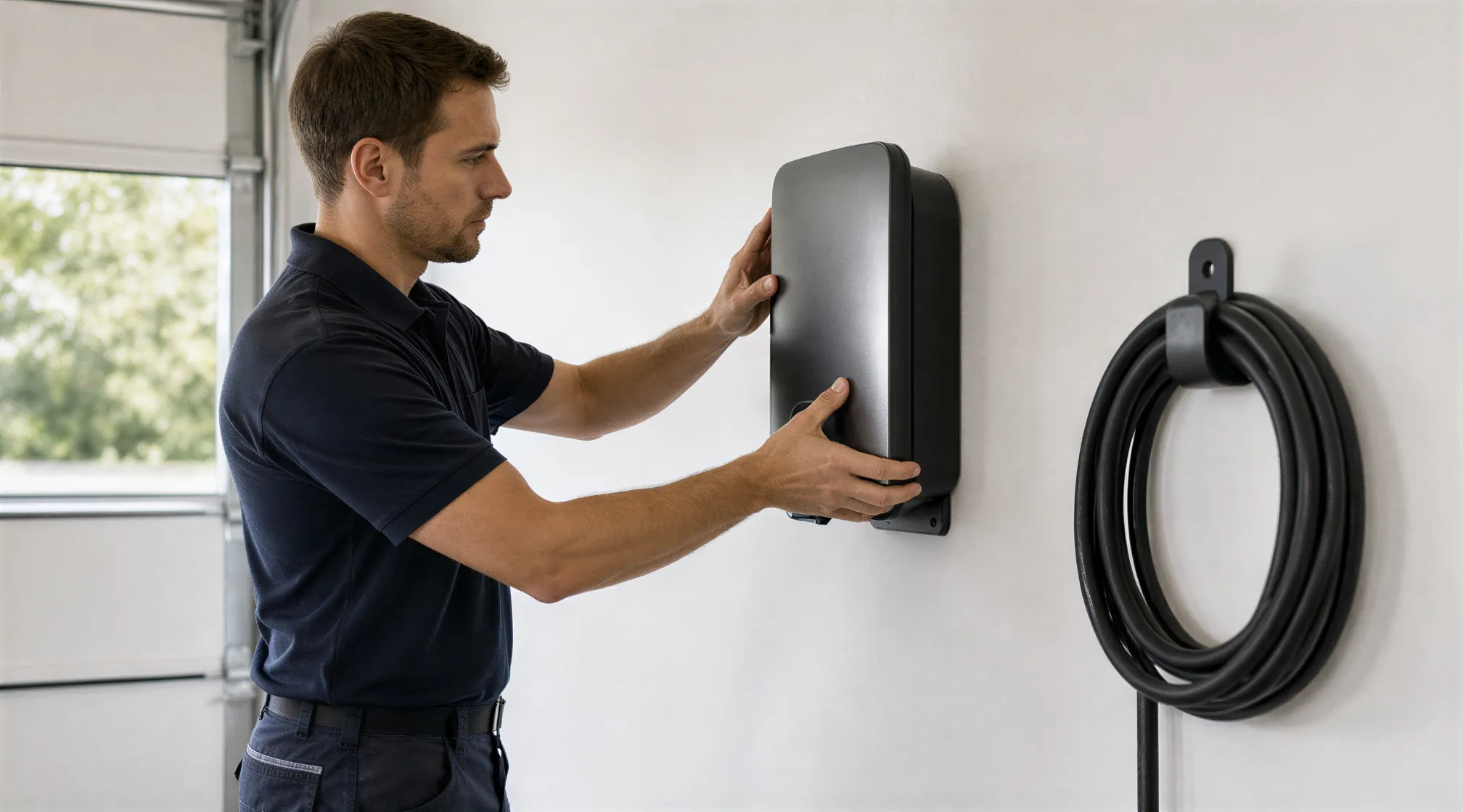 Ein Elektriker installiert eine moderne Wallbox für Elektroautos an einer weißen Wand in einer Garage.