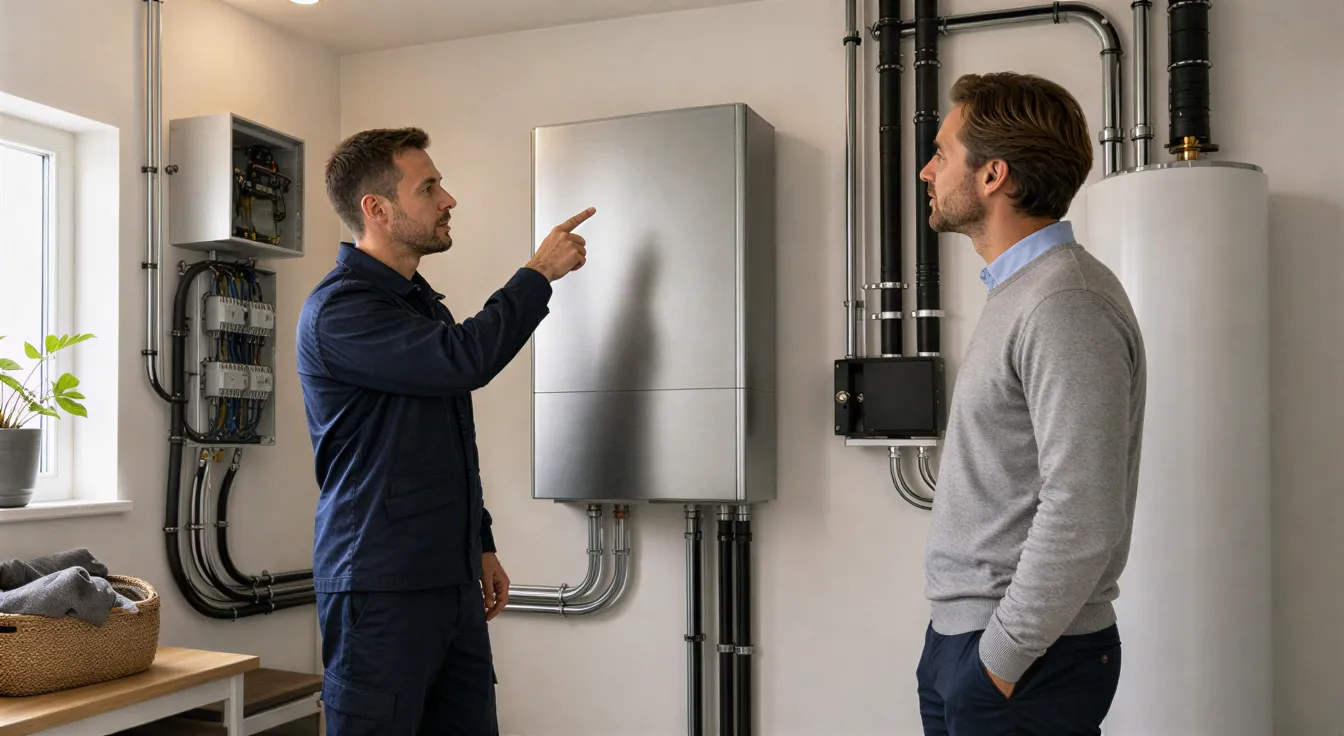 Ein Elektriker erklärt einem Hausbesitzer eine neue Wärmepumpe in einem modernen, sonnigen Technikraum.