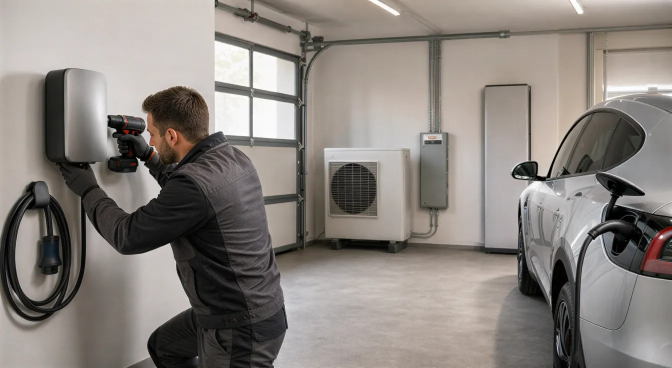 Ein Elektriker installiert eine Wallbox-Ladestation an einer weißen Garagenwand neben einem modernen Elektroauto.