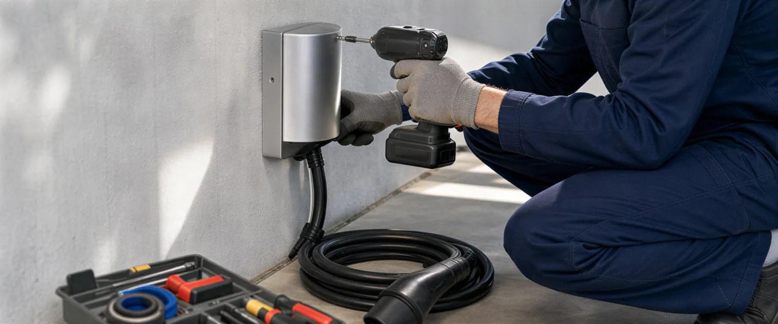 Ein Elektriker installiert eine moderne Wallbox-Ladestation an einer hellgrauen Wand in einer Garage.