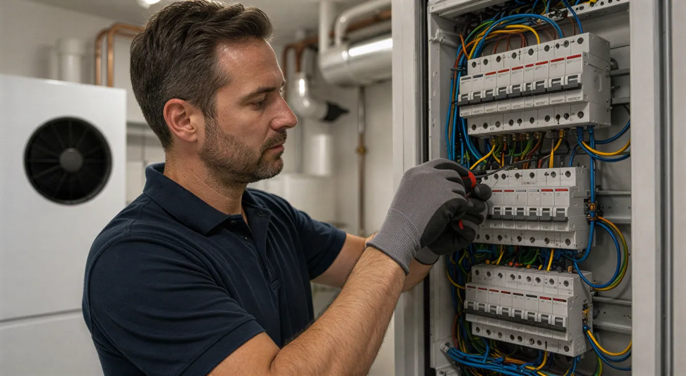 Ein Elektriker verbindet sorgfältig farbige Kabel in einem neuen Sicherungskasten in einem modernen Hauswirtschaftsraum.