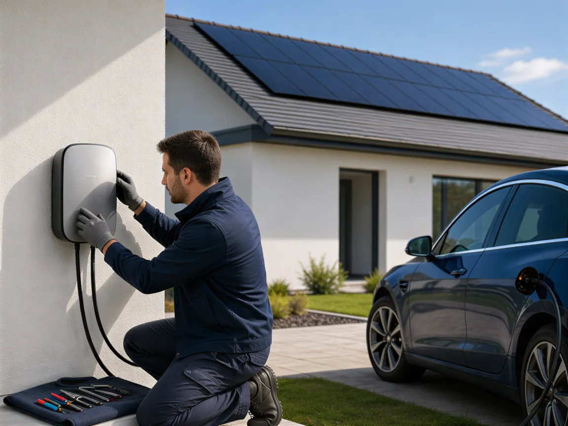 Ein Elektriker installiert eine Wallbox an einem modernen Haus mit Solarmodulen auf dem Dach.