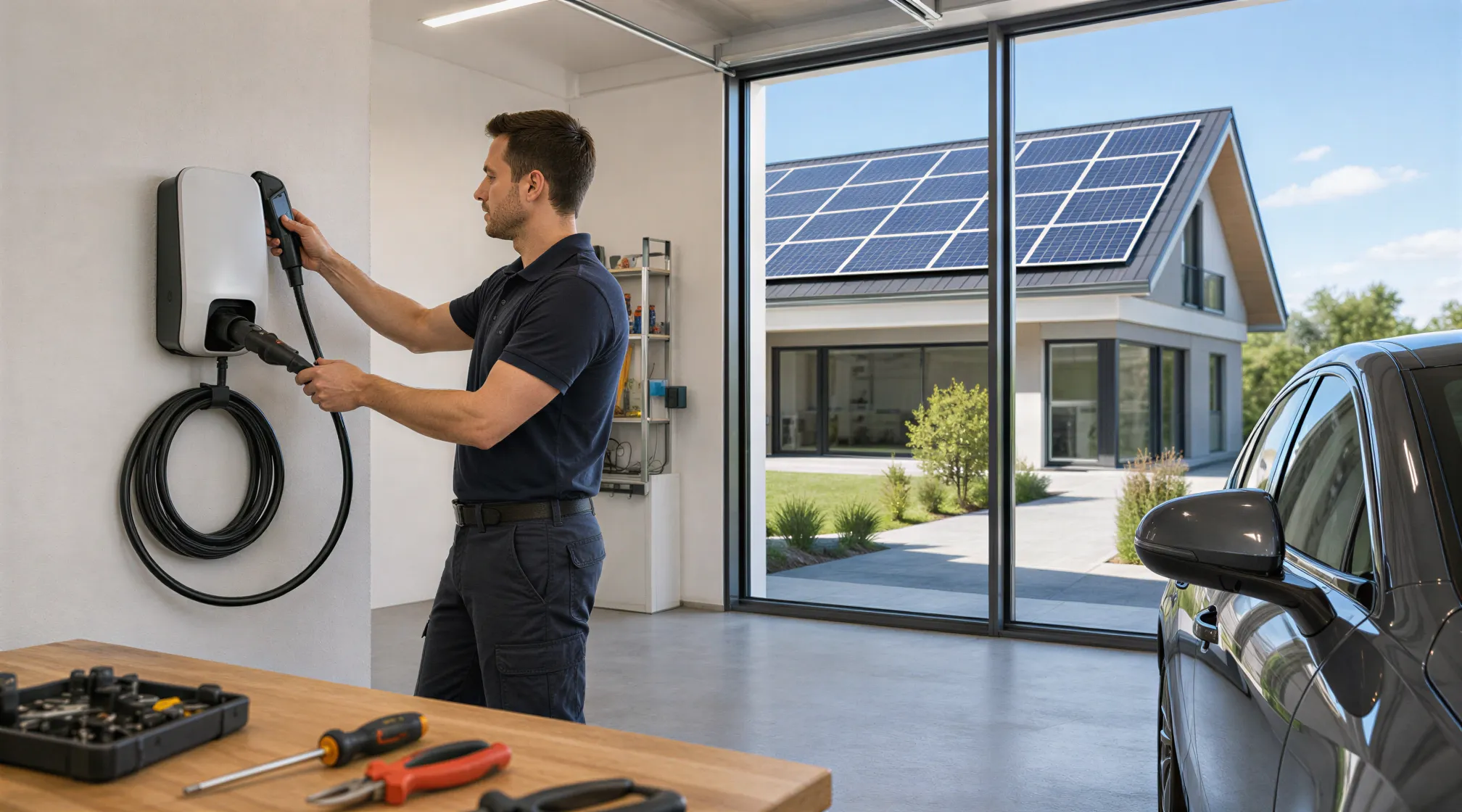 Ein Elektriker prüft eine Wandladestation für Elektroautos in einer modernen Garagenwerkstatt.