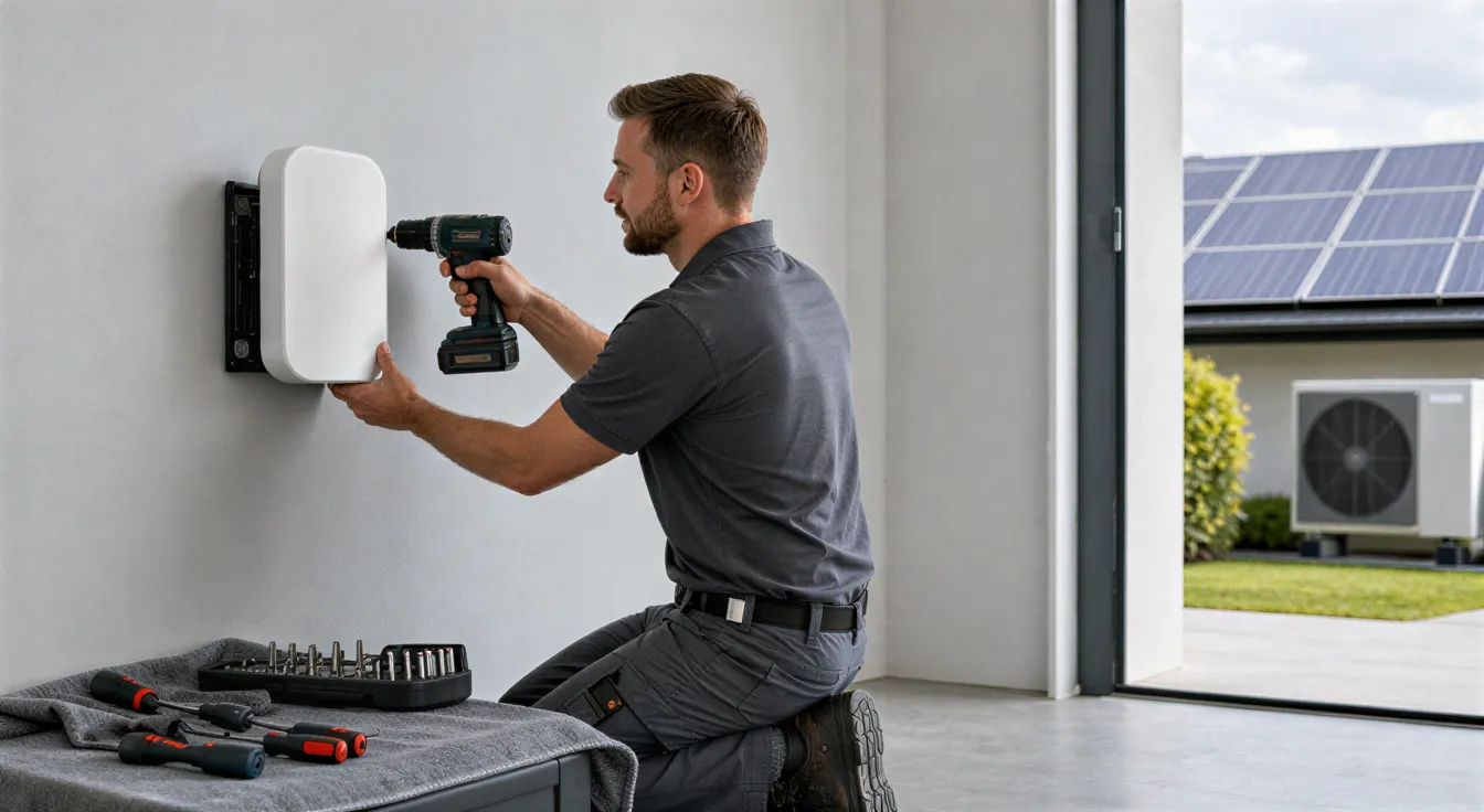 Ein Elektriker installiert eine weiße Unterputzdose an einer hellgrauen Wand in einem modernen Haus.