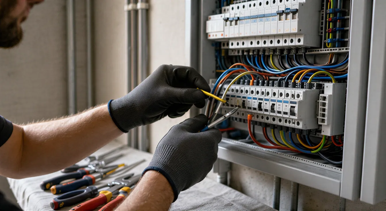 Ein Elektriker in sauberer Arbeitskleidung verbindet mehrfarbige Kabel in einem grauen Verteilerkasten.