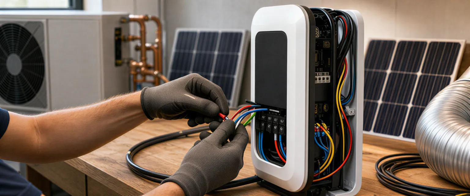 Die Hände eines Elektrikers verbinden Kabel an einer Ladestation für Elektroautos auf einer Werkbank.