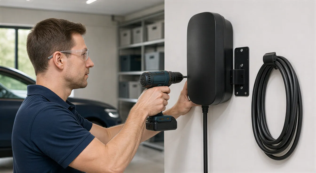Ein Elektriker installiert eine Wandladestation für Elektroautos in einer sauberen, modernen Garagenwand.