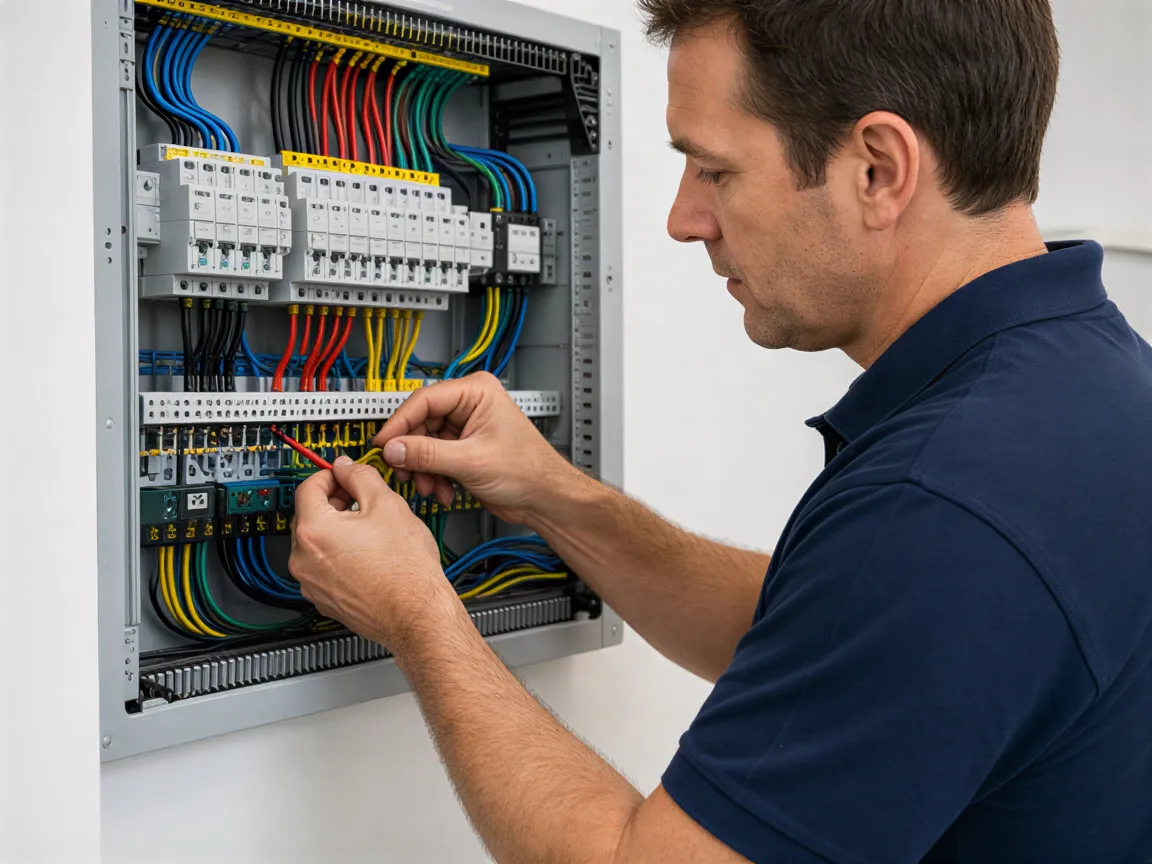 Ein Elektriker in blauer Arbeitskleidung verbindet sorgfältig farbige Kabel in einem grauen Verteilerkasten.