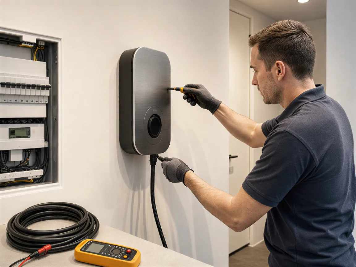 Ein Elektriker installiert eine Wandladestation für Elektroautos in einem modernen Hauswirtschaftsraum.