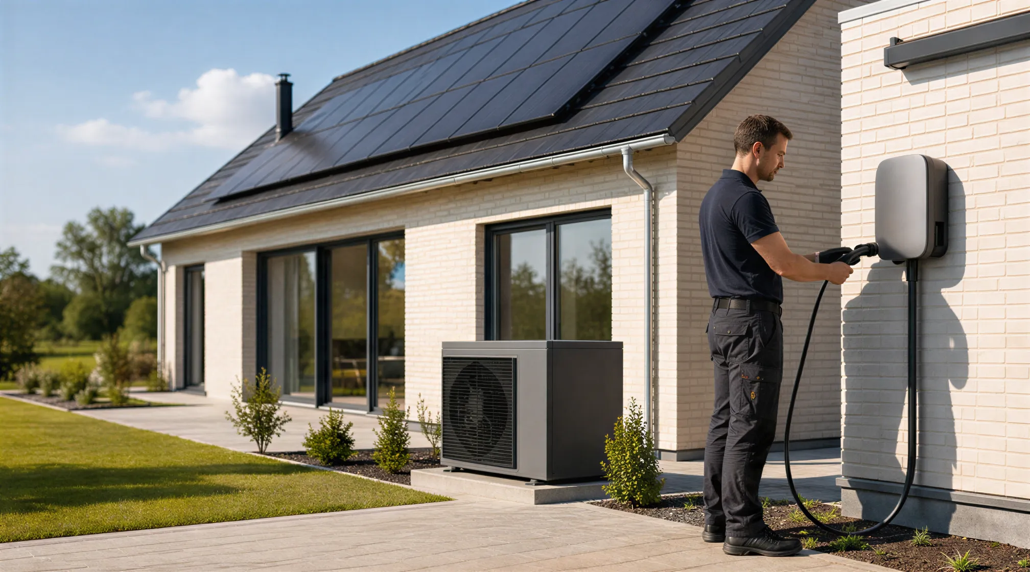 Ein Elektriker installiert eine Wallbox an einem modernen Einfamilienhaus mit Photovoltaik und Wärmepumpe.