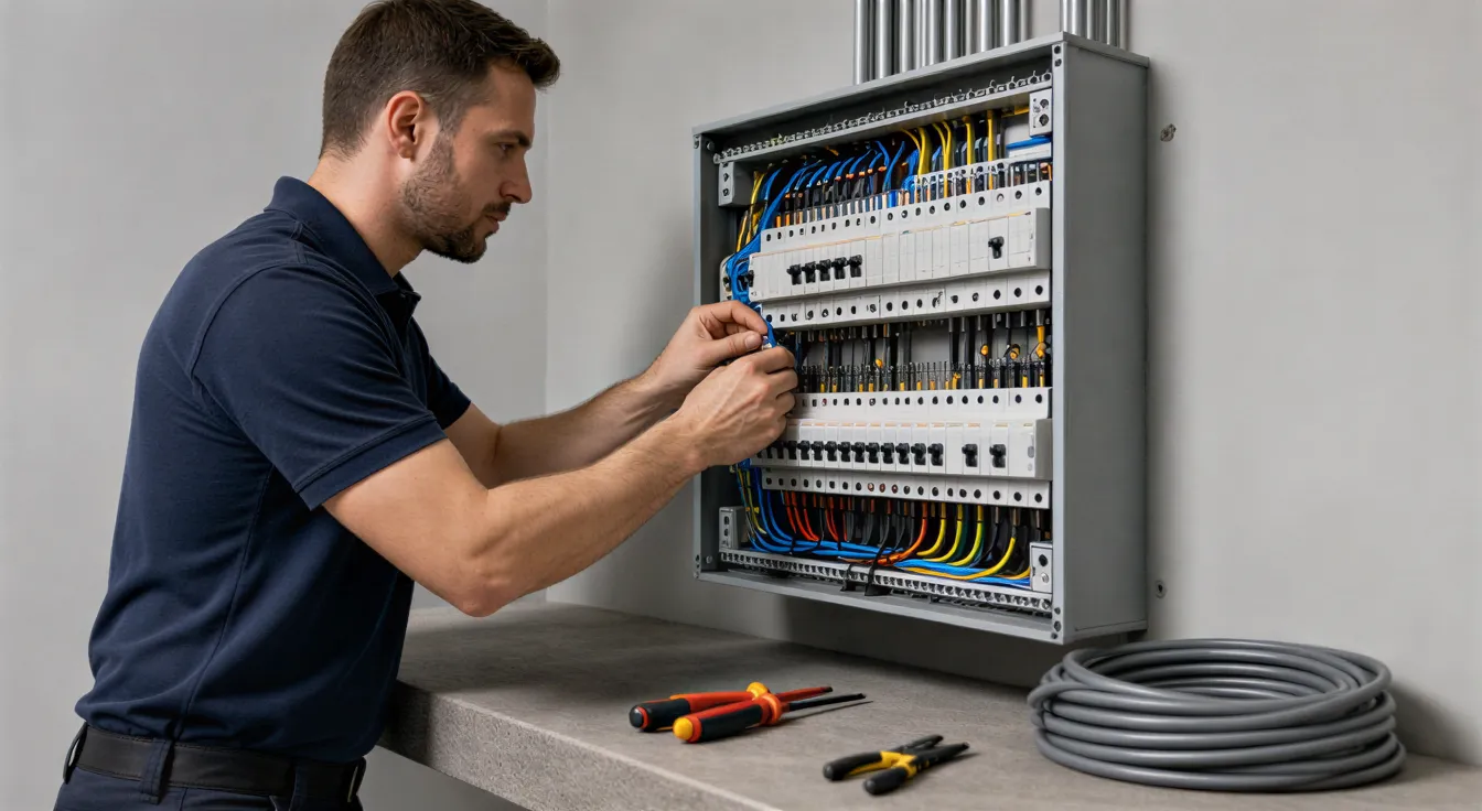 Ein Elektriker installiert konzentriert einen grauen Verteilerkasten in einem modernen Technikraum.