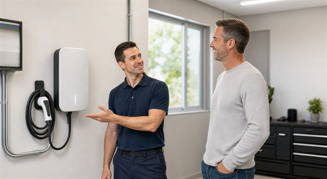 Ein Elektriker präsentiert eine neu installierte Wallbox für Elektroautos einem zufriedenen Hausbesitzer in einer modernen