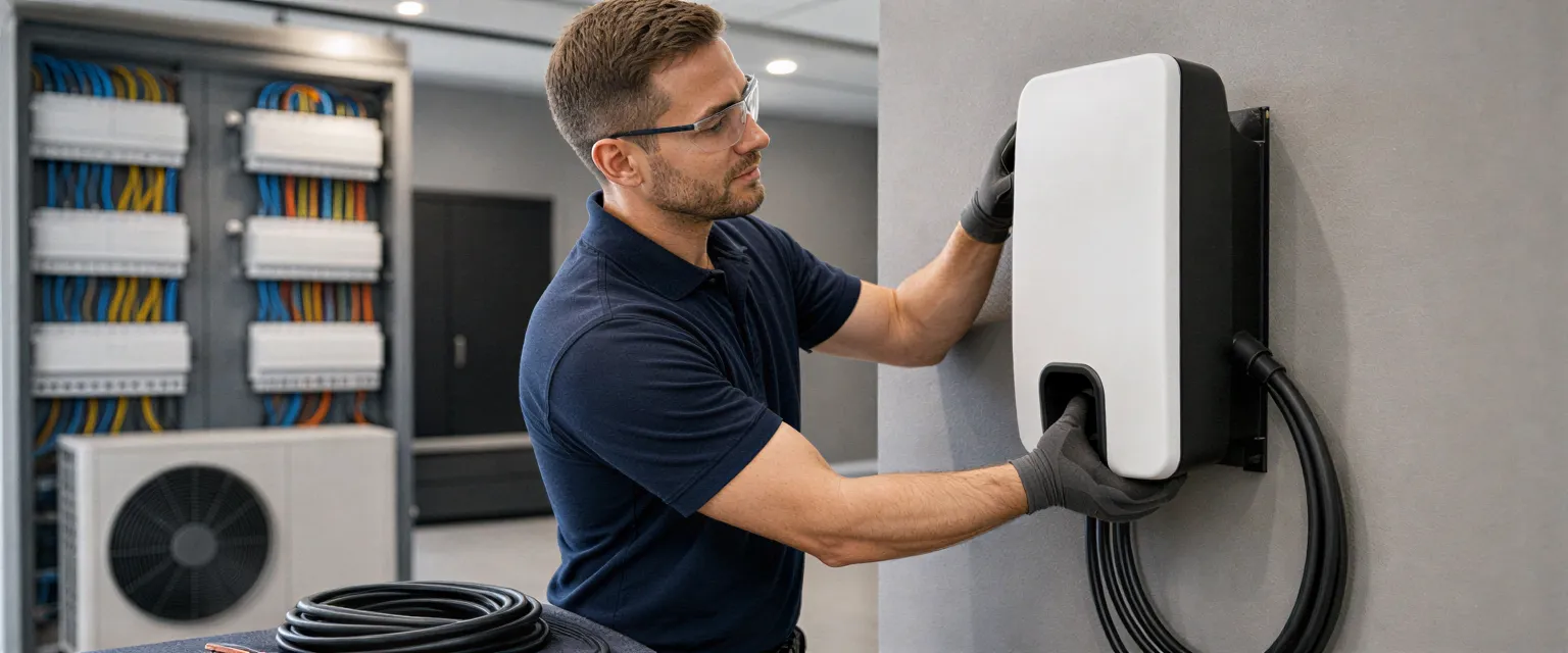 Ein Elektriker installiert eine weiße Wallbox-Ladestation an einer grauen Garagenwand.