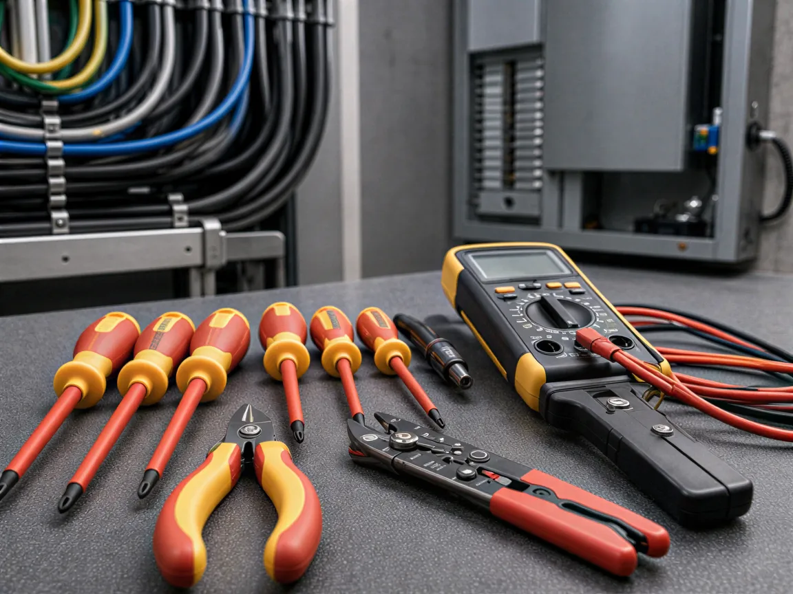 Ein aufgeräumter Arbeitstisch mit isolierten Schraubendrehern, Abisolierzangen und einem digitalen Multimeter.